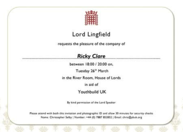 House of Lords invitation for Ricky Clare to attend a Youthbuild UK event hosted by Lord Lingfield