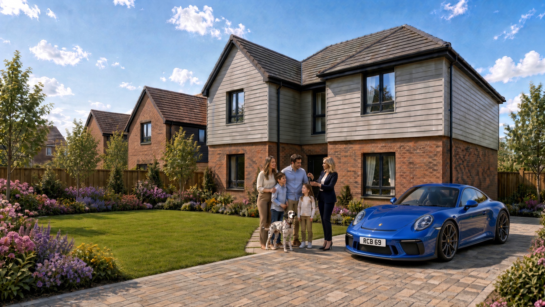 Family collecting the keys outside their newly built brick home